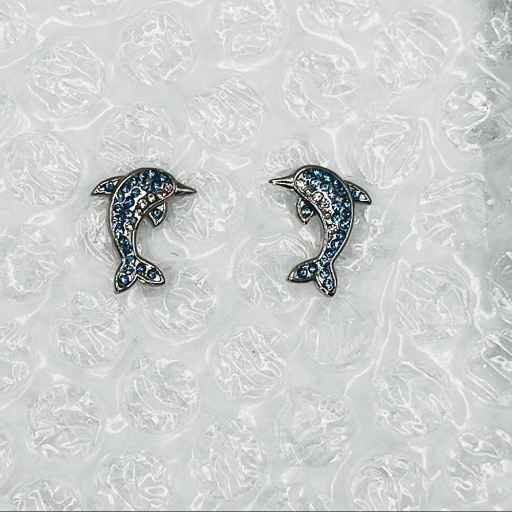 Dolphin crystal rhinestone silver earrings, New - Picture 8 of 14
